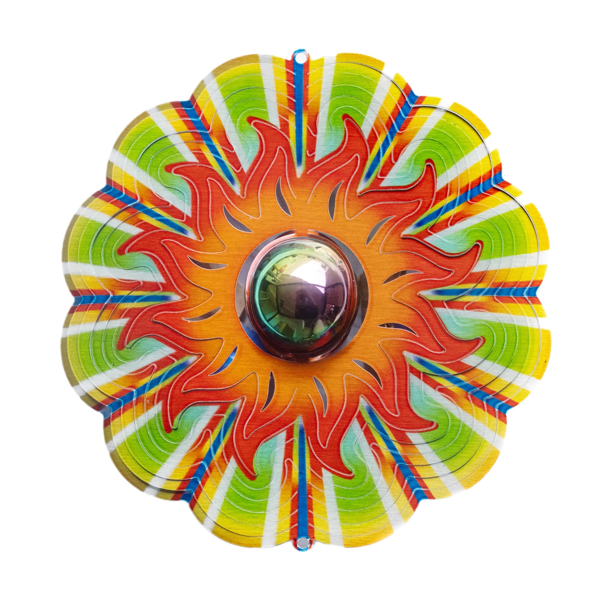 A multicolored 3D sun wind spinner with a central sphere for spinning and multiple petal-like sections in red, orange, yellow, and green.