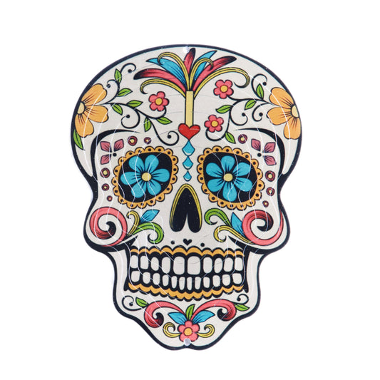 Colorful sugar skull design on a white background