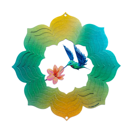 Decorative wind spinner with a hummingbird and flower design on a white background