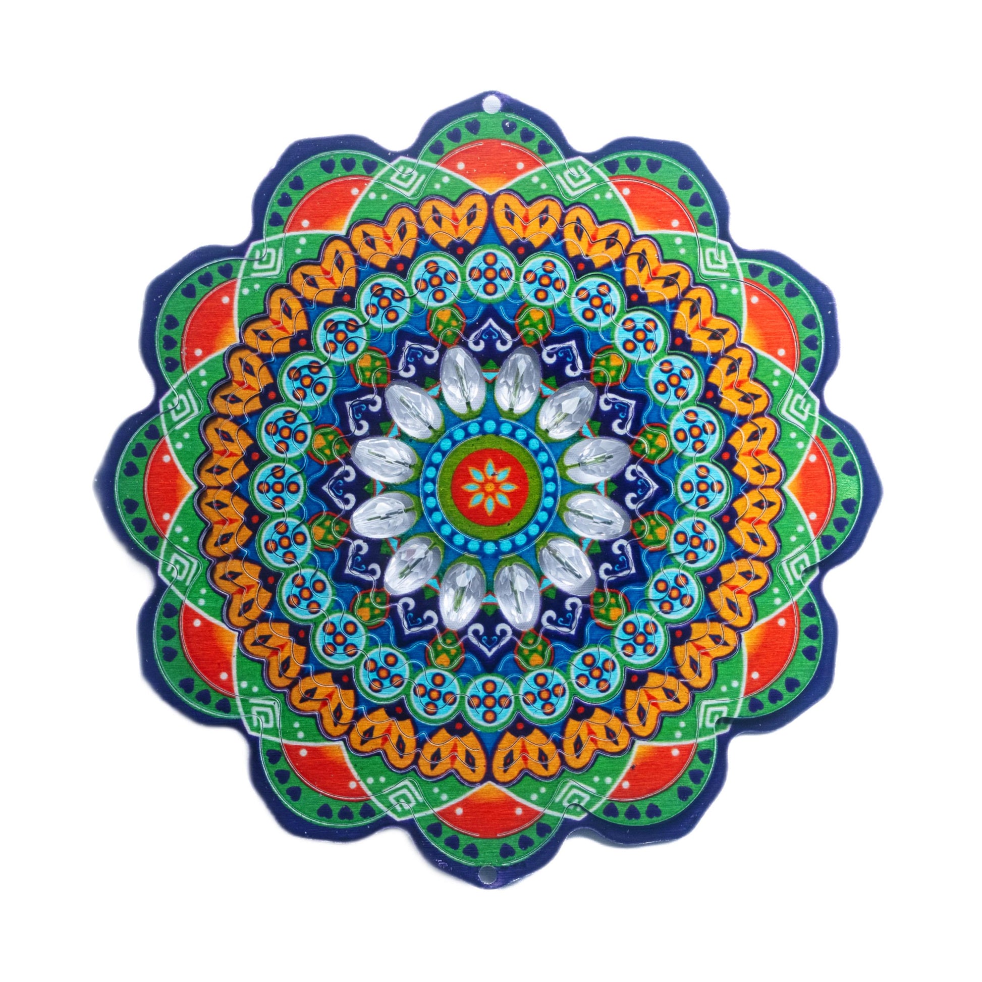 A 15 inch colorful mandala-shaped wind spinner with crystals in the center.