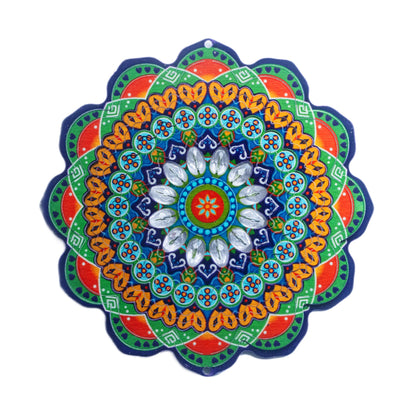 A 15 inch colorful mandala-shaped wind spinner with crystals in the center.
