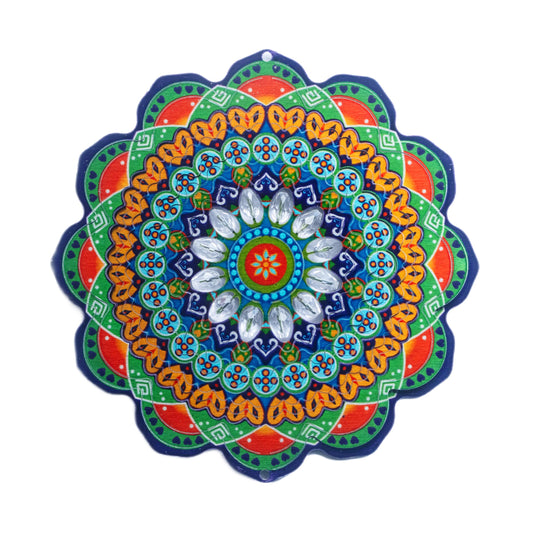 A 15 inch colorful mandala-shaped wind spinner with crystals in the center.