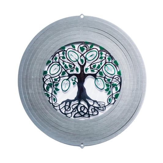 Decorative wind spinner with a silver tree design