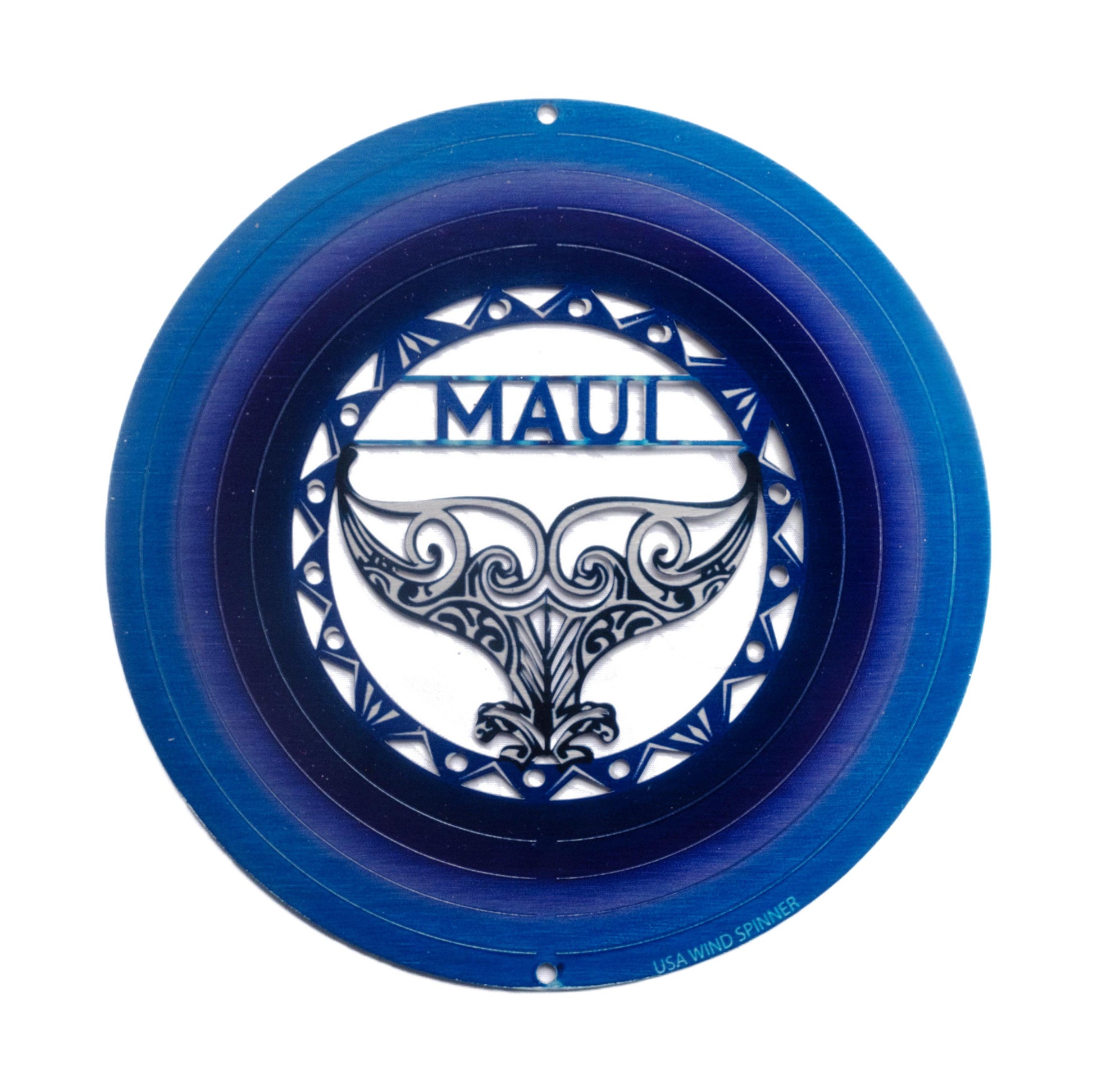 Blue wind spinner with 'MAUI' and whale tale decorative design