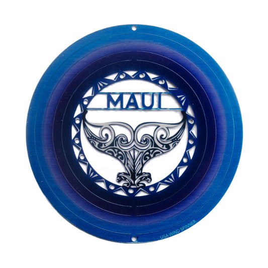 Blue wind spinner with 'MAUI' and whale tale decorative design
