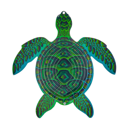 Decorative turtle wind spinner with green and blue pattern on a white background